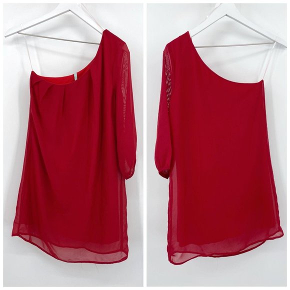 SOLD Lulu’s Red One Shoulder Chiffon Party Mini Dress - Picture 2 of 8